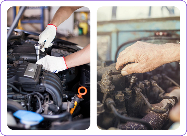 Two pictures of a person working on an engine.
